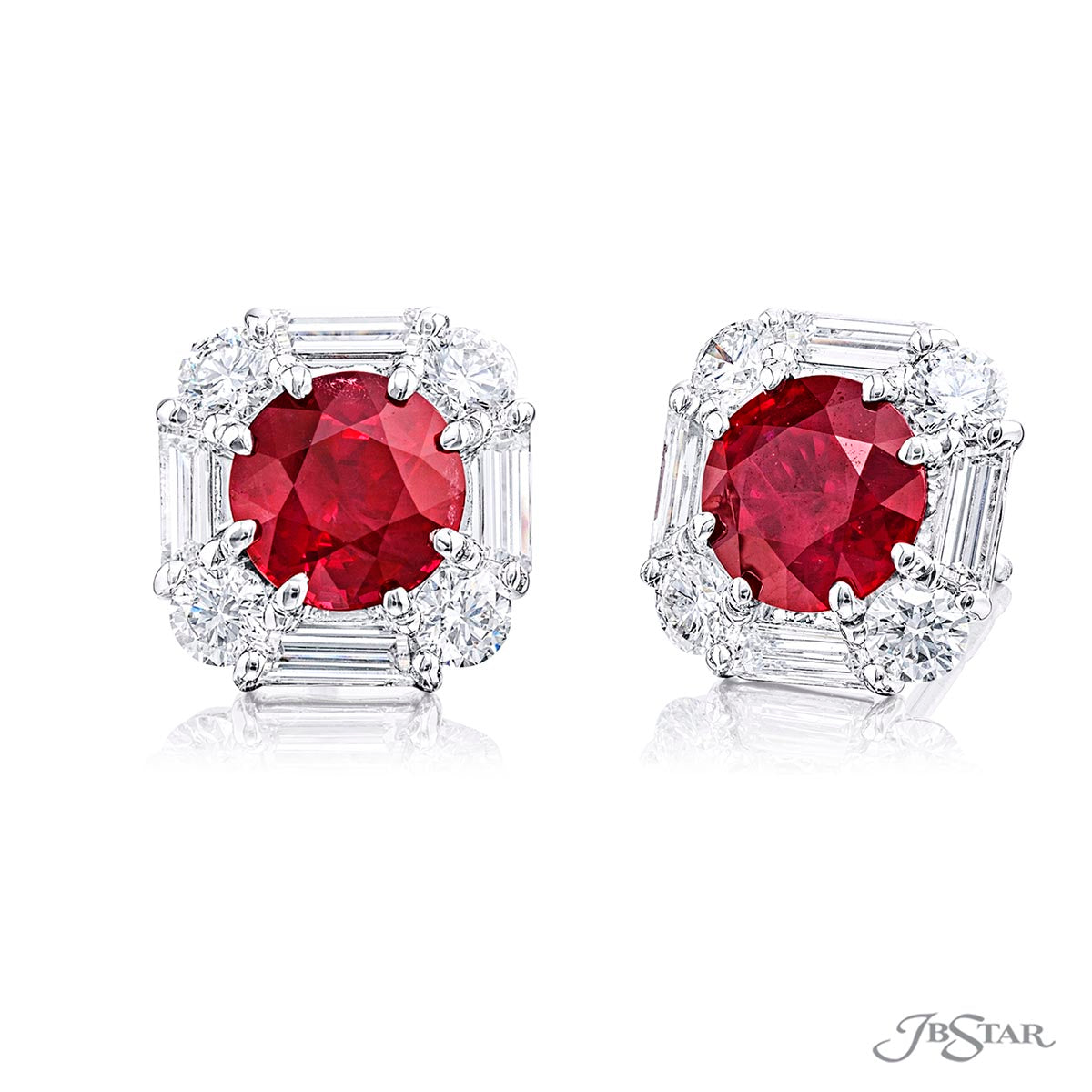 Ruby Earrings Round &amp; Trapezoid Cut 3.15 ctw. Studs