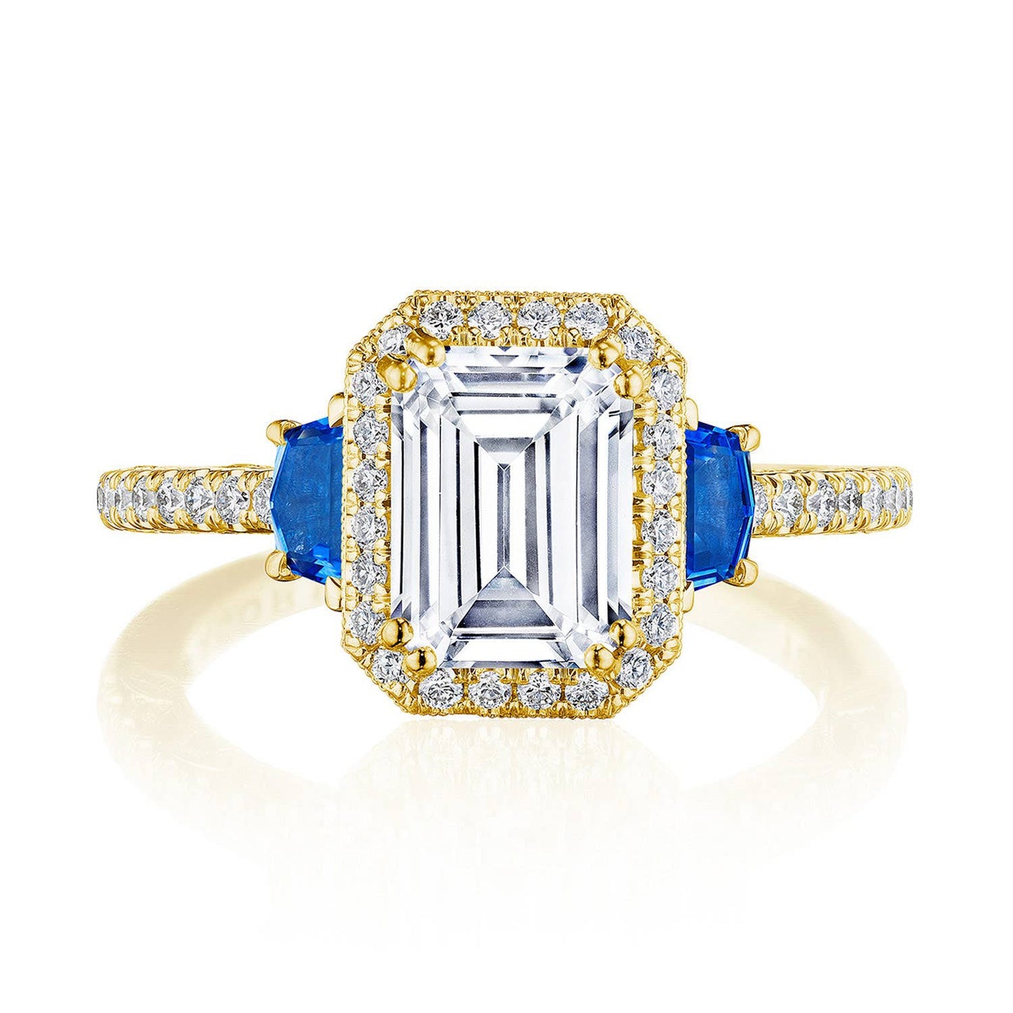 Emerald 3-Stone Engagement Ring with Blue Sapphires