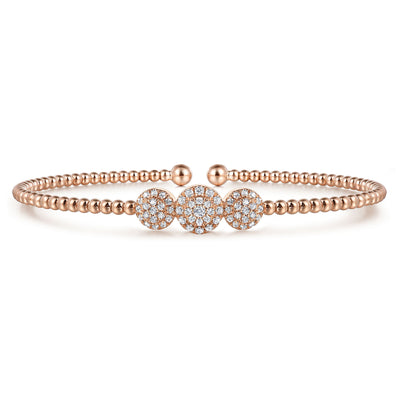 14K Rose Gold Bujukan Bead Cuff Bracelet with Three Pavé Diamond Stations