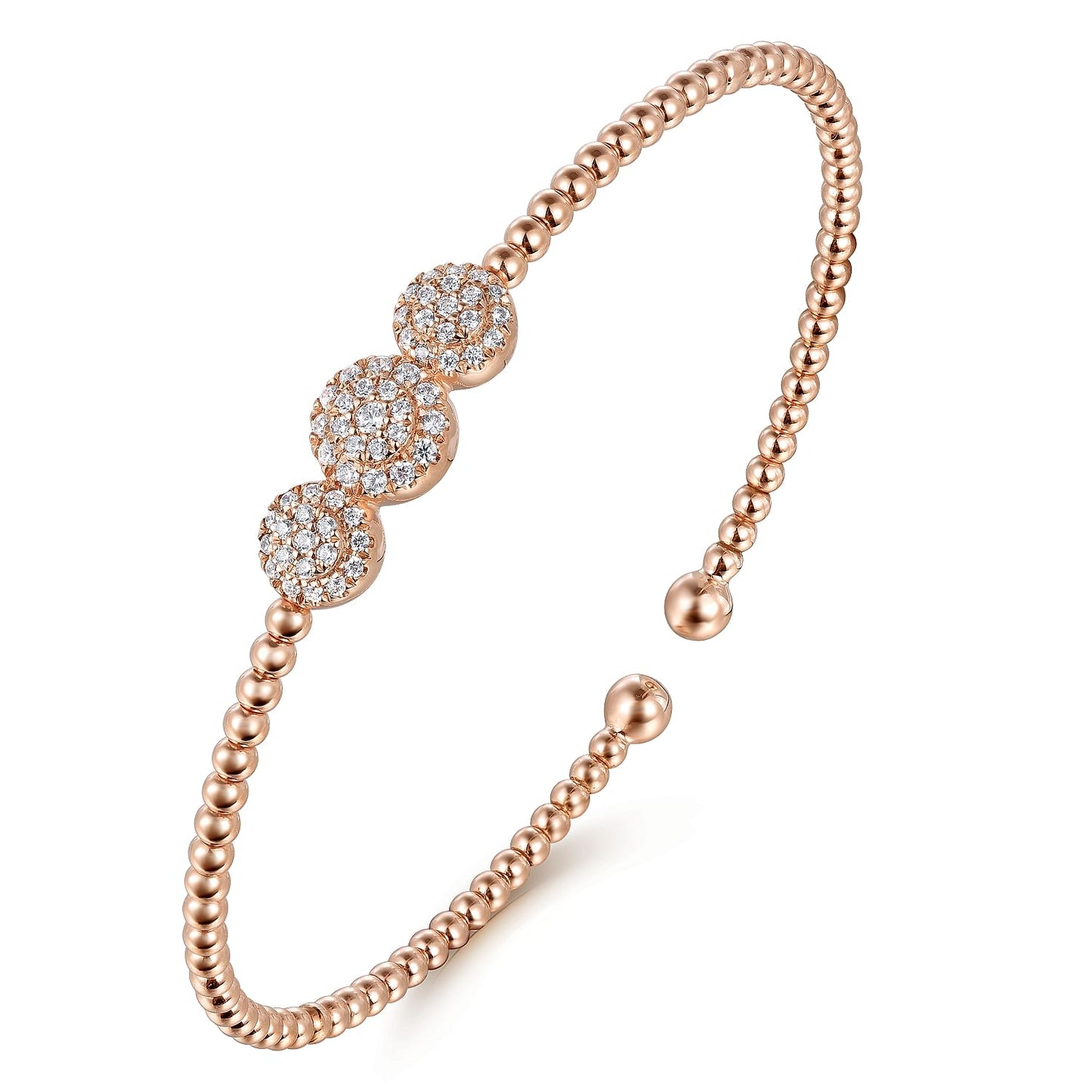 14K Rose Gold Bujukan Bead Cuff Bracelet with Three Pavé Diamond Stations