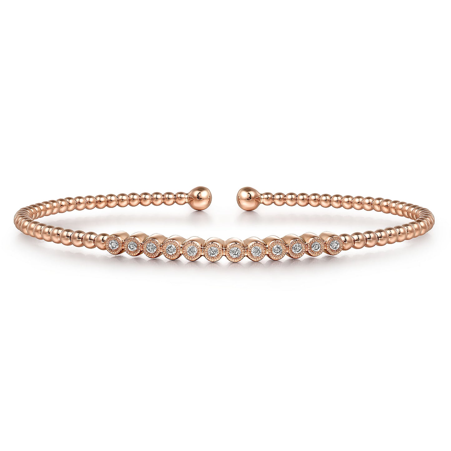 14K Rose Gold Bujukan Bead Cuff Bracelet with Bezel Set Diamond Stations