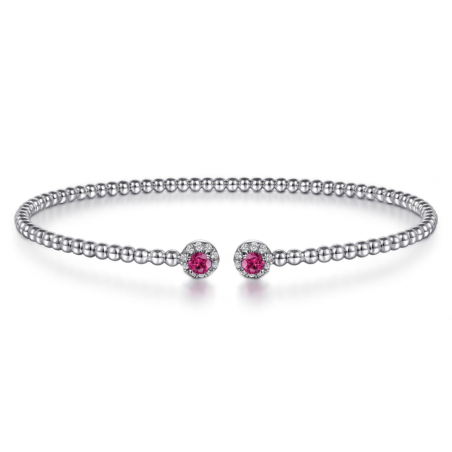 14K White Gold Bujukan Bead Split Cuff Bracelet with Ruby and Diamond Bangle