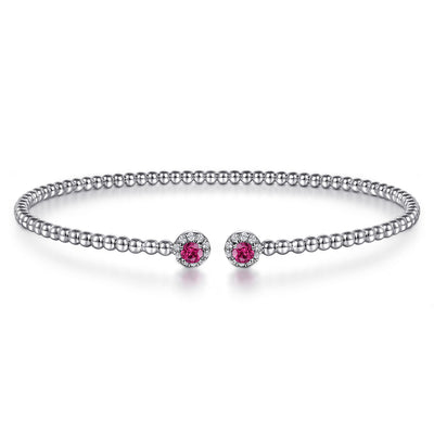 14K White Gold Bujukan Bead Split Cuff Bracelet with Ruby and Diamond Bangle