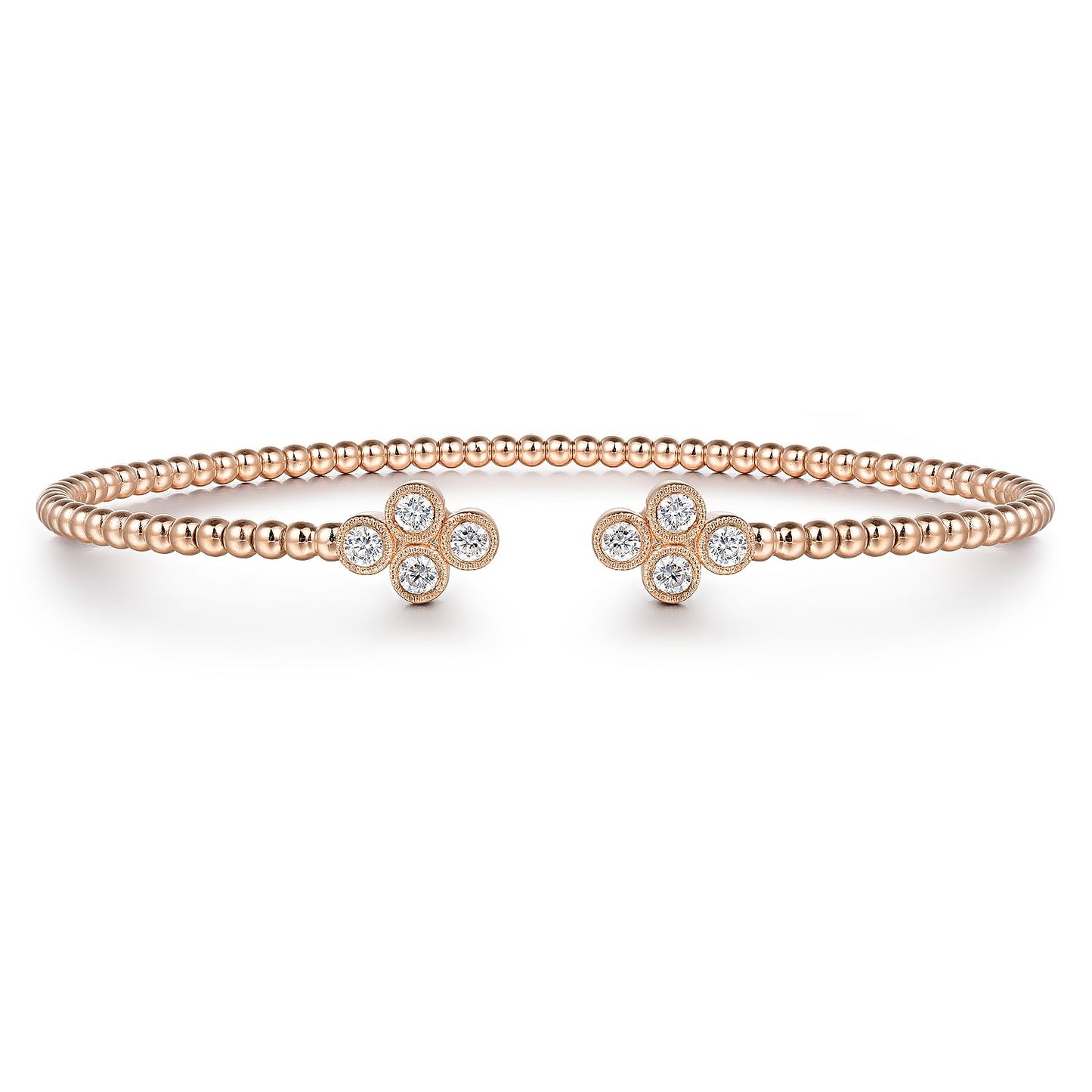 14K Rose Gold Bujukan Bead Split Cuff Bracelet with Quatrefoil Diamond Endcaps