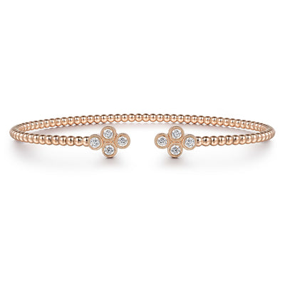 14K Rose Gold Bujukan Bead Split Cuff Bracelet with Quatrefoil Diamond Endcaps