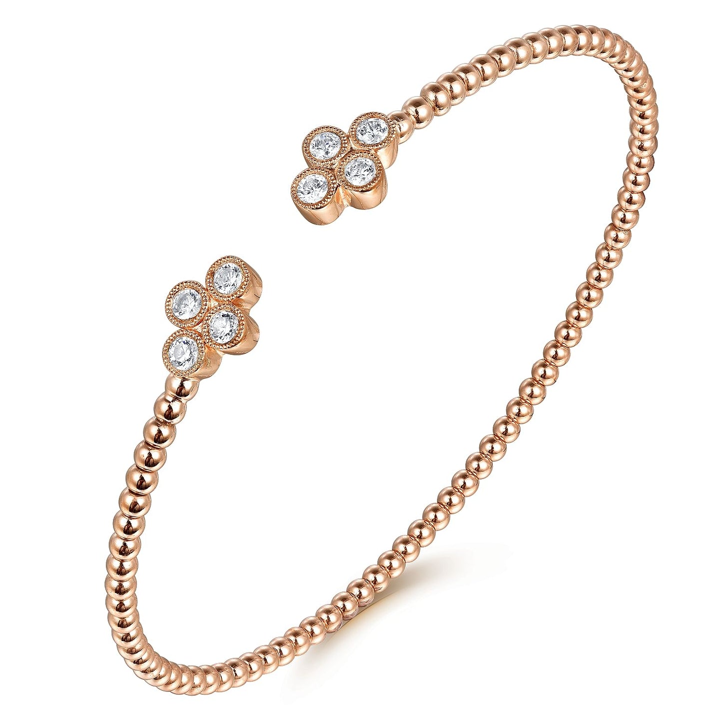 14K Rose Gold Bujukan Bead Split Cuff Bracelet with Quatrefoil Diamond Endcaps