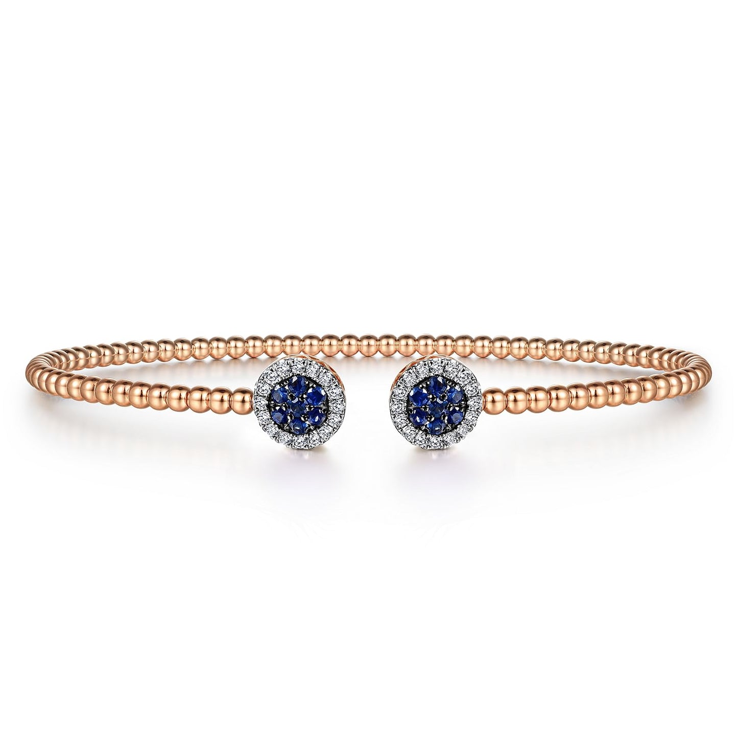 14K Rose Gold Bujukan Bead Cuff Bracelet with Sapphire and Diamond Halo Caps