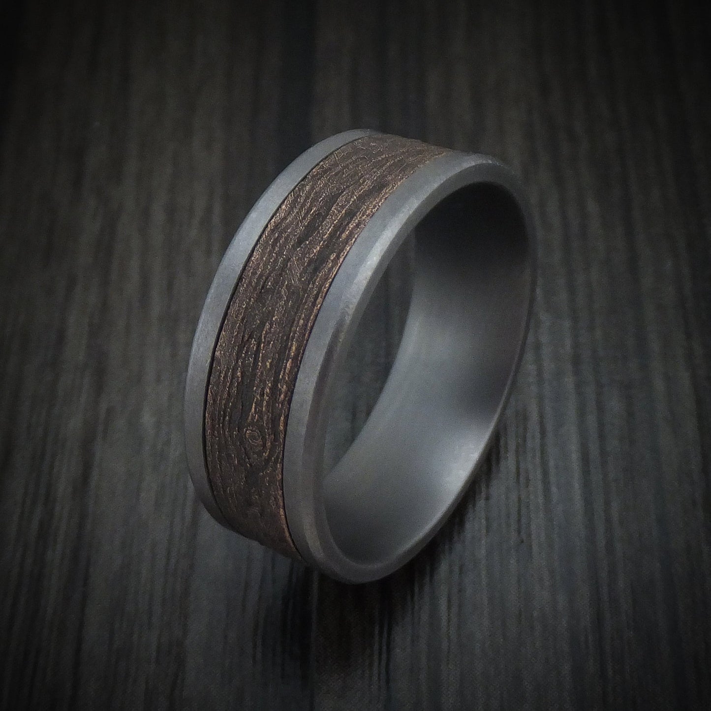 Tantalum and Wood Knot Textured 14K Rose Gold Men's Ring