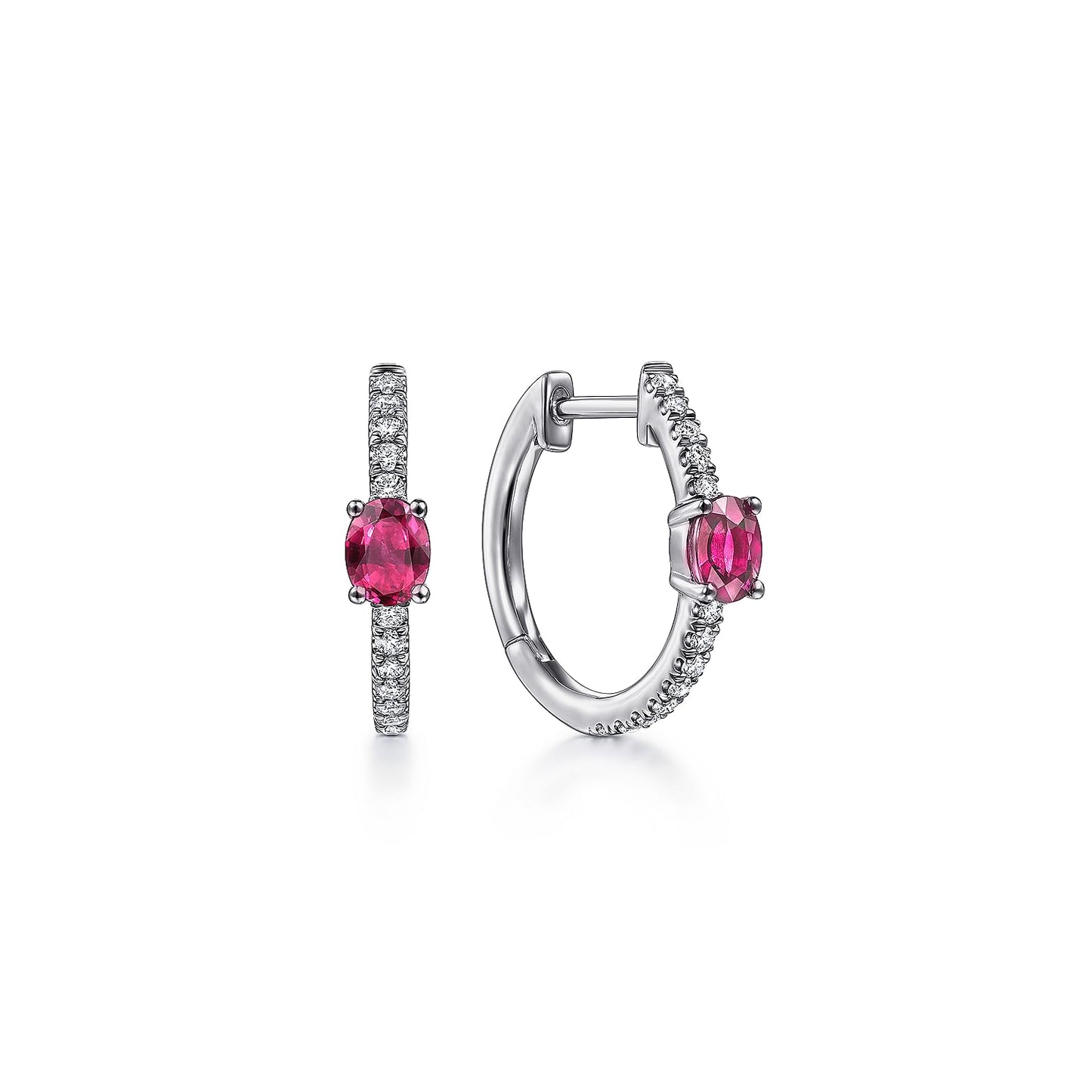 14K White Gold 15mm Diamond and Single Ruby Huggie Earrings