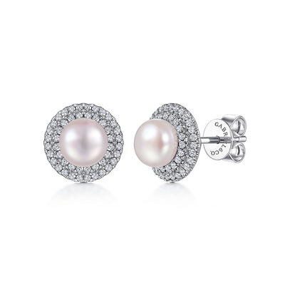 14K White Gold Diamond & Pearl Earrings