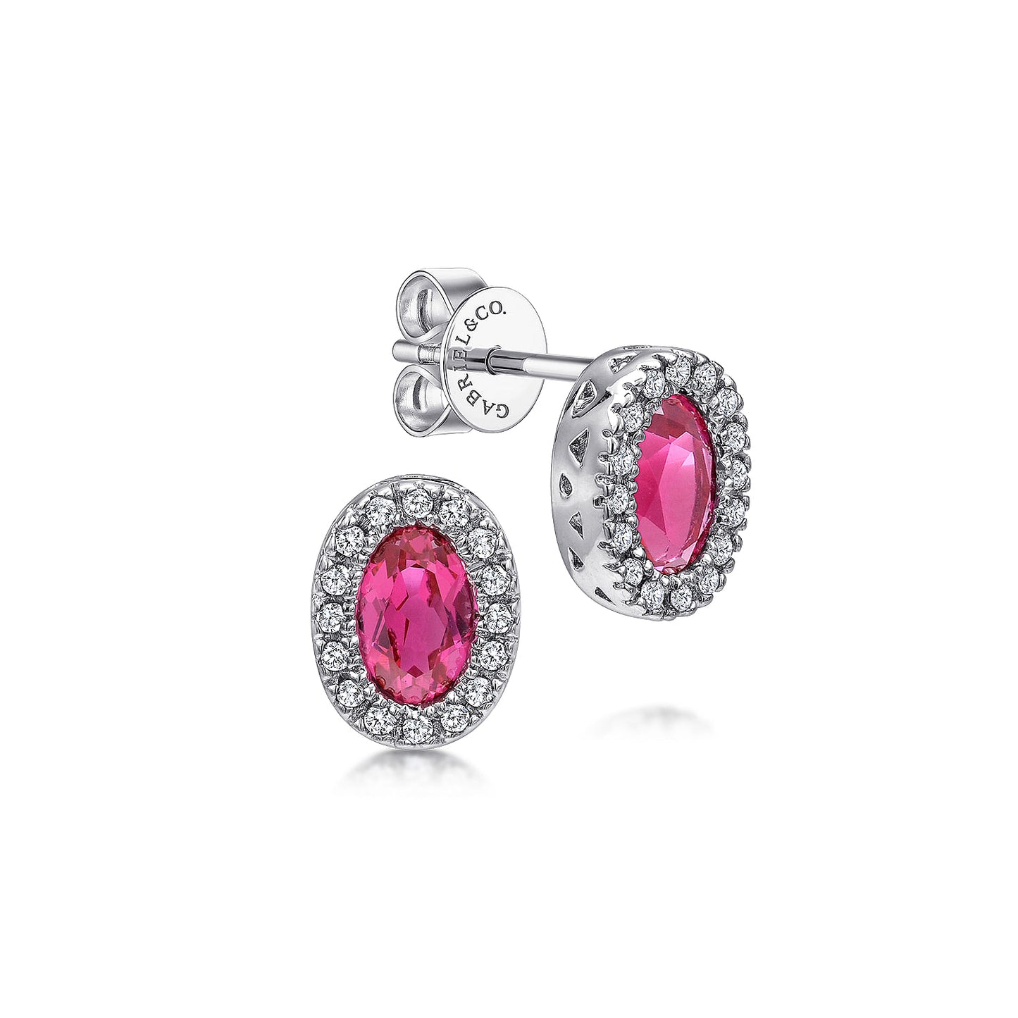 14K White Gold Oval Ruby and Diamond Halo Stud Earrings