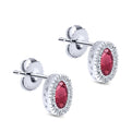 14K White Gold Oval Ruby and Diamond Halo Stud Earrings