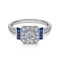 Vintage Inspired Platinum Round Halo Sapphire and Diamond Channel Set Engagement Ring