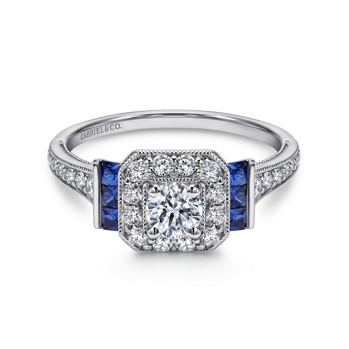 Vintage Inspired Platinum Round Halo Sapphire and Diamond Channel Set Engagement Ring