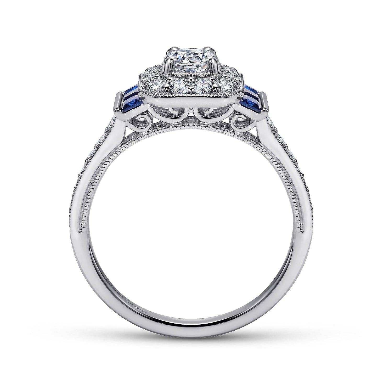 Vintage Inspired Platinum Round Halo Sapphire and Diamond Channel Set Engagement Ring