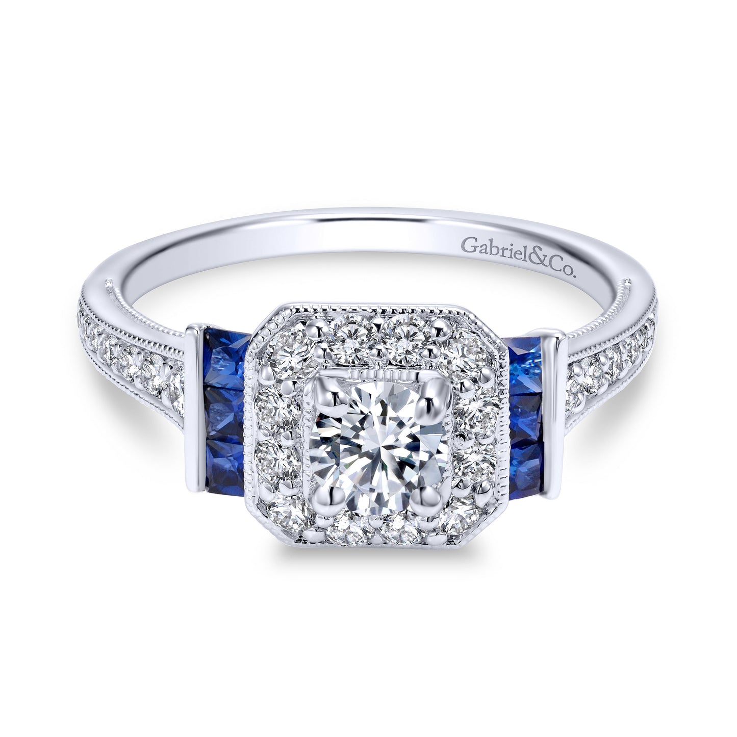 Vintage Inspired 18K White Gold Round Halo Sapphire and Halo Diamond Channel Set Engagement Ring