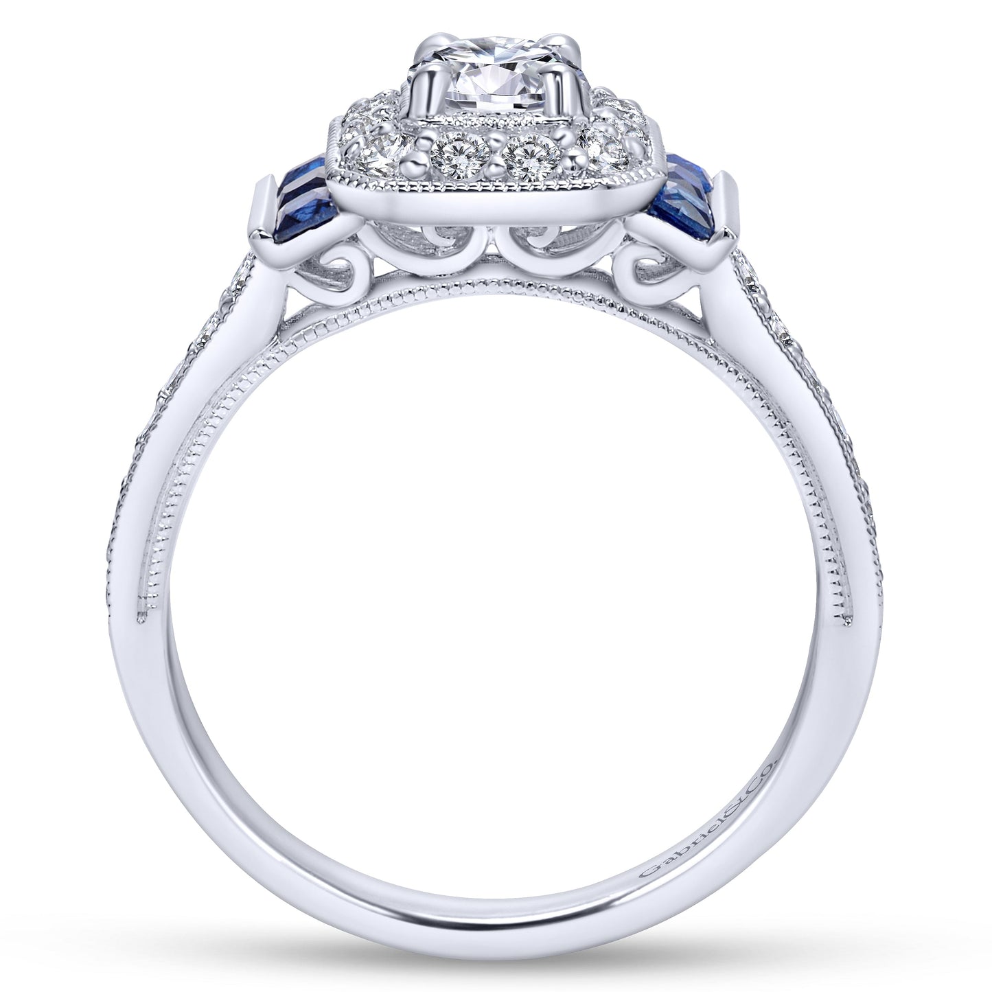 Vintage Inspired 18K White Gold Round Halo Sapphire and Halo Diamond Channel Set Engagement Ring