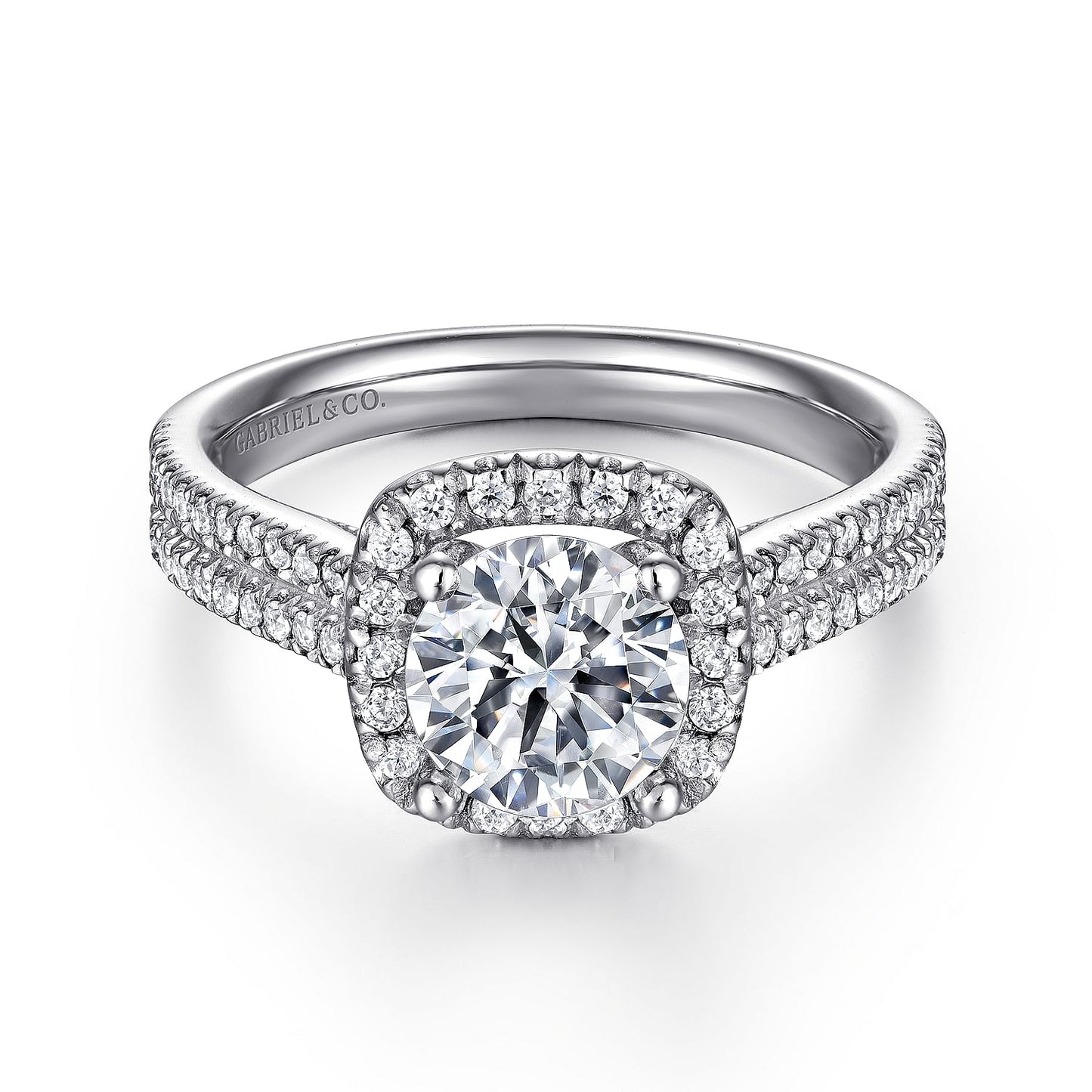 14K White Gold Cushion Halo Round Diamond Engagement Ring