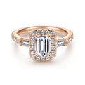 14K Rose Gold Three Stone Halo Emerald Cut Diamond Channel Set Engagement Ring