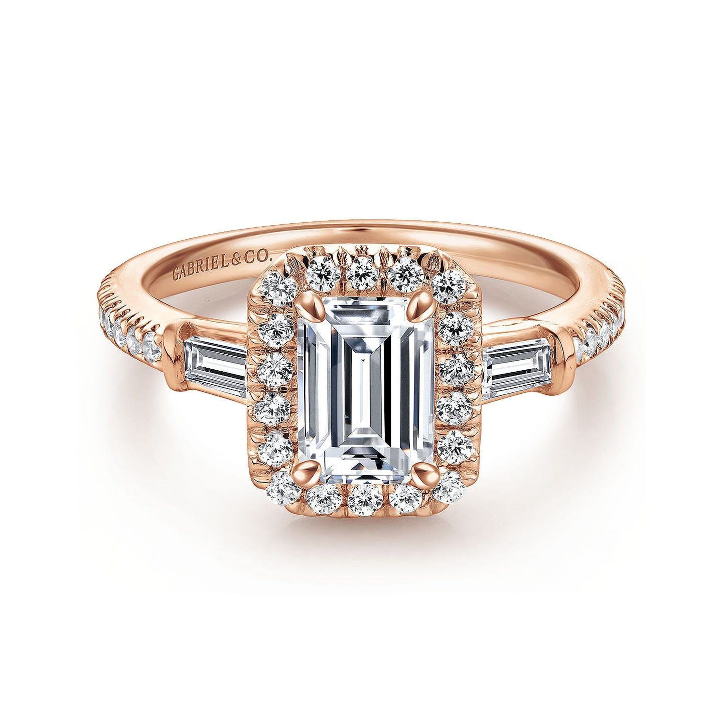 14K Rose Gold Three Stone Halo Emerald Cut Diamond Channel Set Engagement Ring