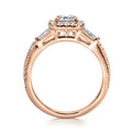 14K Rose Gold Three Stone Halo Emerald Cut Diamond Channel Set Engagement Ring