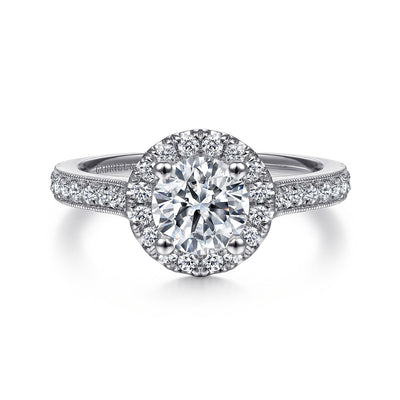 Vintage Inspired Platinum Round Halo Diamond Engagement Ring