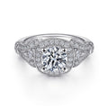 Vintage Inspired Platinum Cushion Halo Round Diamond Engagement Ring