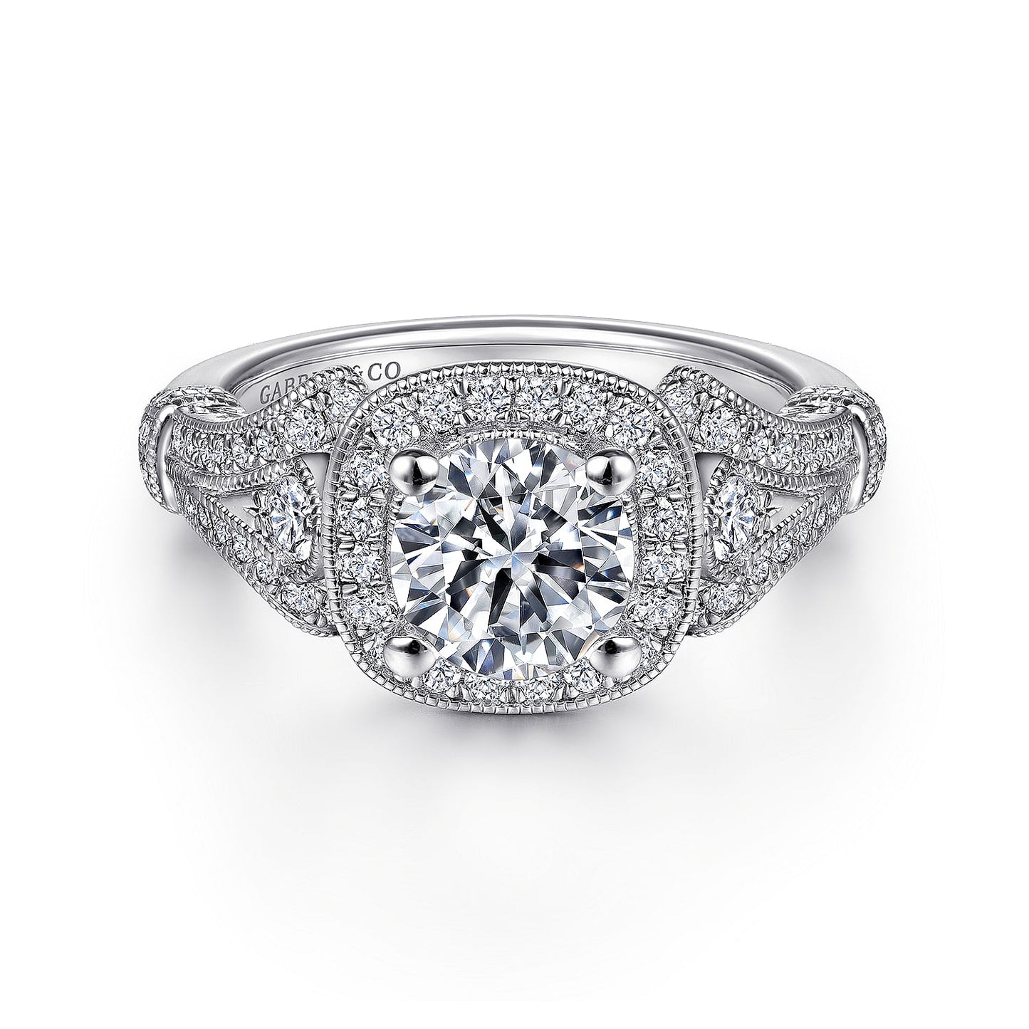 Vintage Inspired Platinum Cushion Halo Round Diamond Engagement Ring