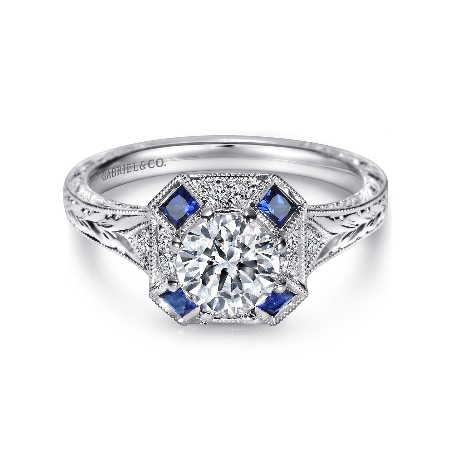 Vintage Inspired Platinum Octagonal Halo Round Sapphire and Diamond Engagement Ring