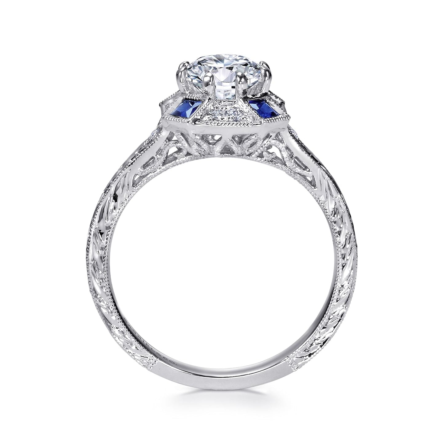 Vintage Inspired Platinum Octagonal Halo Round Sapphire and Diamond Engagement Ring