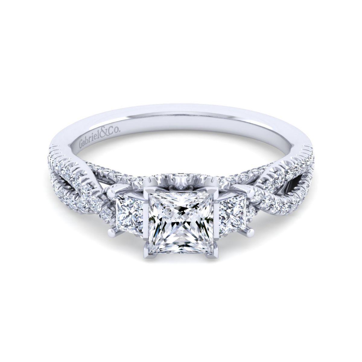 Gabriel & Co. 14k White Gold Contemporary Three Stones Engagement Ring