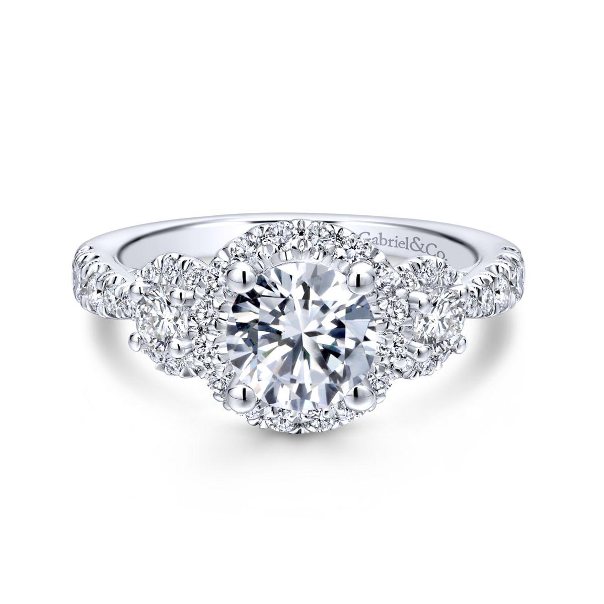 Gabriel & Co. 14k White Gold Entwined Three Stones Halo Engagement Ring