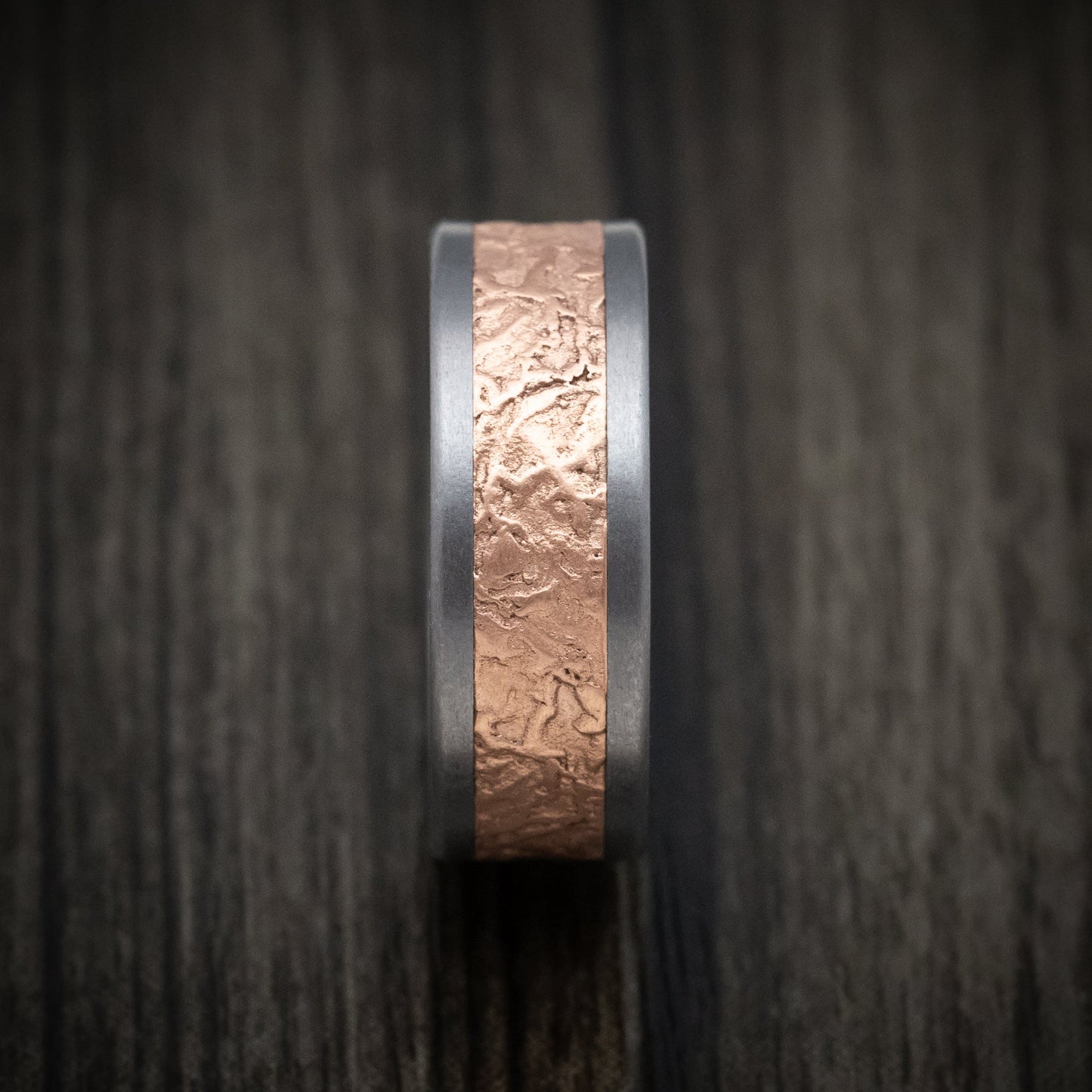 Tantalum and Splatter Textured 14K Rose Gold Mens Ring