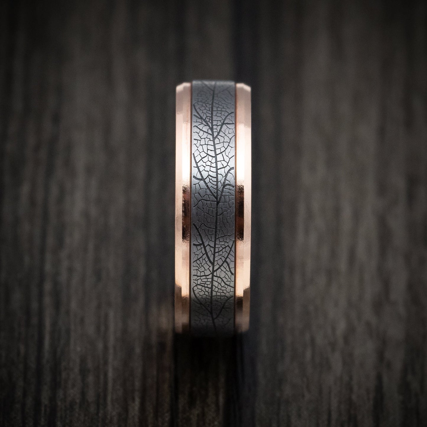 14K Rose Gold and Tantalum Leaf Pattern Mens Band