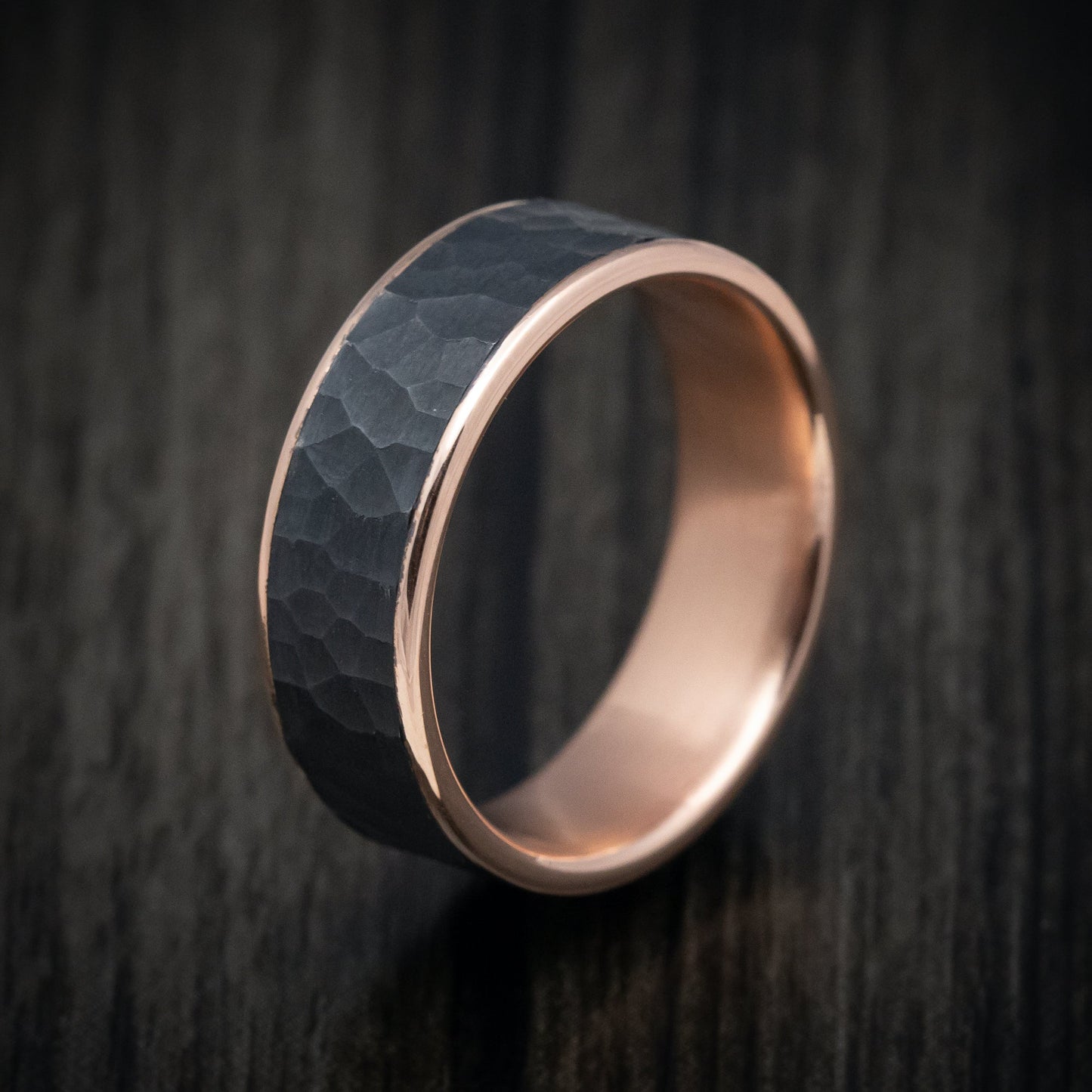 14K Rose Gold and Hammered Darkened Tantalum Mens Ring