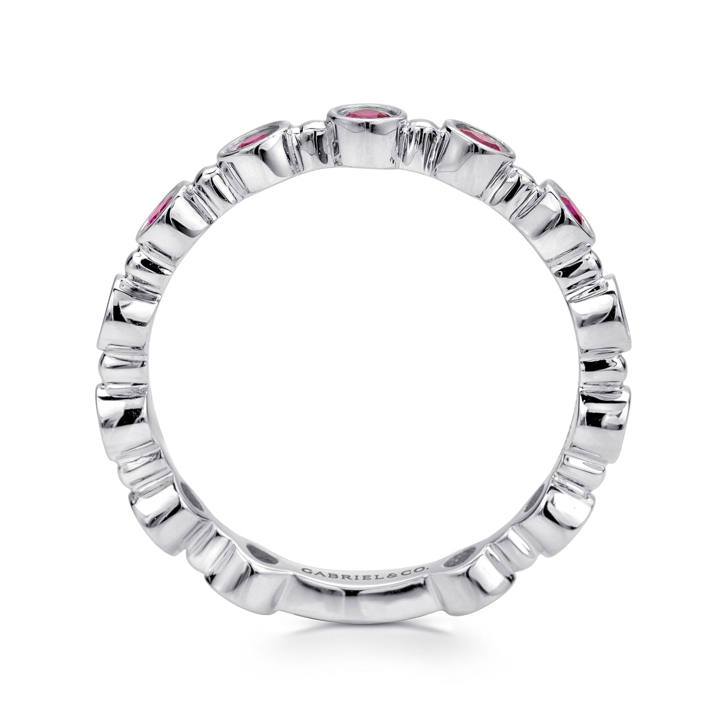 14K White Gold Round Bezel Station Ruby Stackable Ring