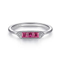 14K White Gold Diamond and Trio Princess Cut Ruby Ladies Ring