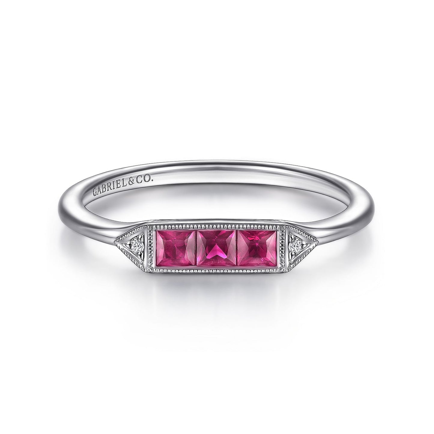 14K White Gold Diamond and Trio Princess Cut Ruby Ladies Ring