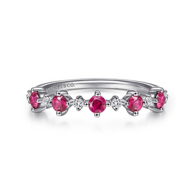 14K White Gold Alternating Round Diamond and Ruby Ring