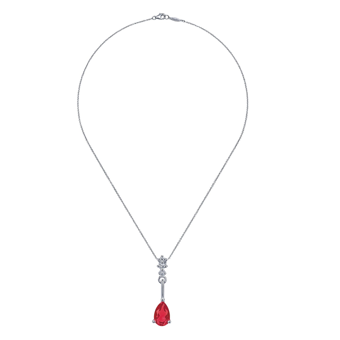 14K White Gold Pear Shaped Ruby and Diamond Drop Pendant Necklace