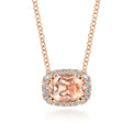 14K Rose Gold Oval Morganite and Diamond Halo Pendant Necklace