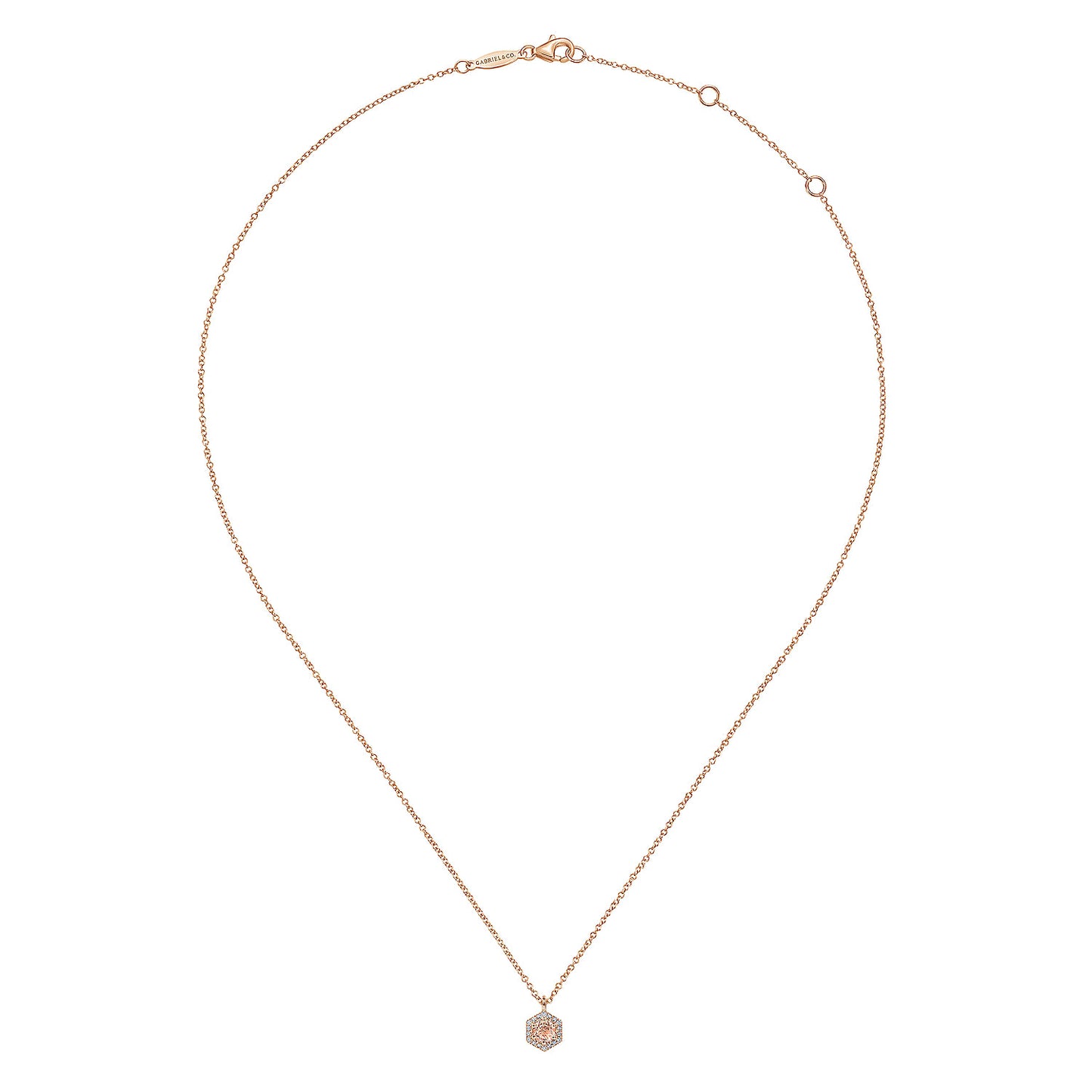 14K Rose Gold Hexagonal Halo Morganite and Diamond Pendant Necklace