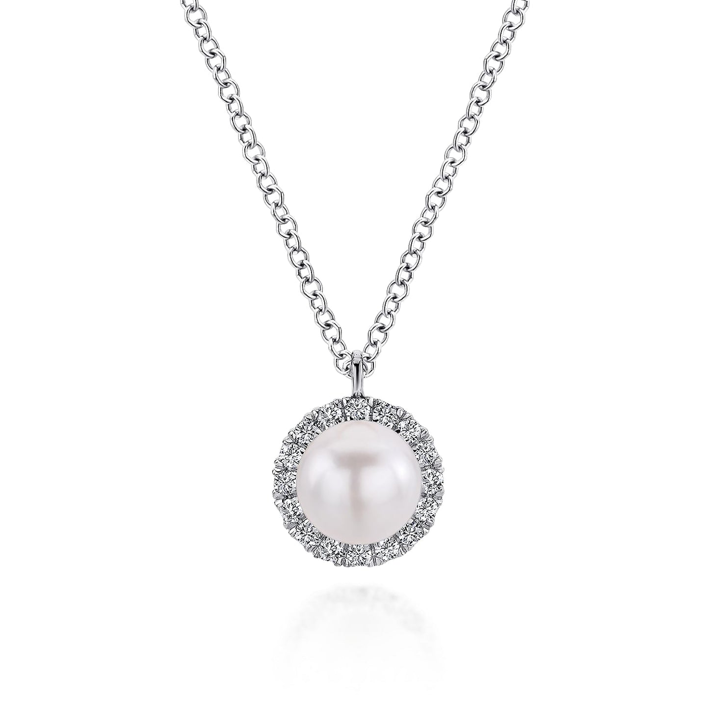 14K White Gold Cultured Pearl and Diamond Halo Pendant Necklace