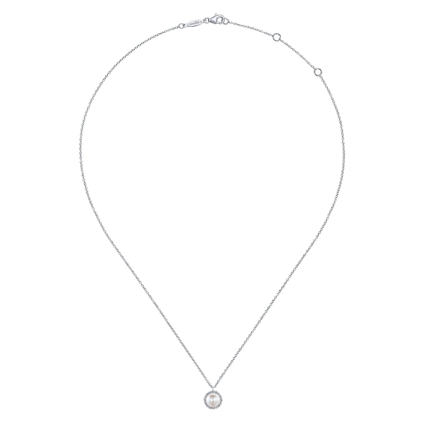 14K White Gold Cultured Pearl and Diamond Halo Pendant Necklace