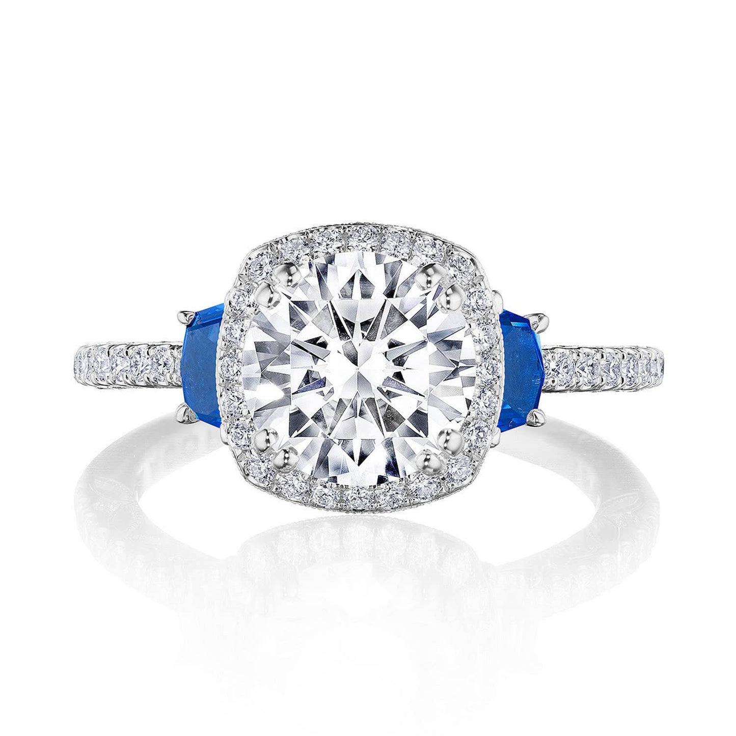 Cushion 3-Stone Engagement Ring with Blue Sapphire