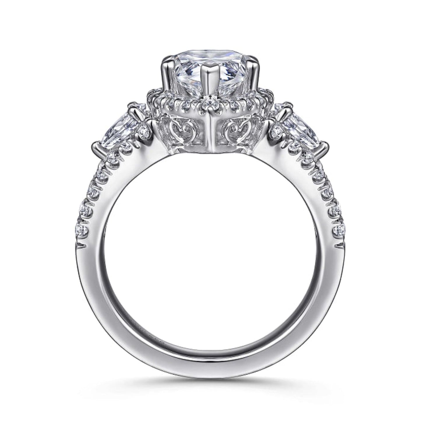 Gabriel & Co. Pear Cut Three Stone Halo Diamond Engagement Ring