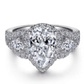 Gabriel & Co. Pear Cut Three Stone Halo Diamond Engagement Ring