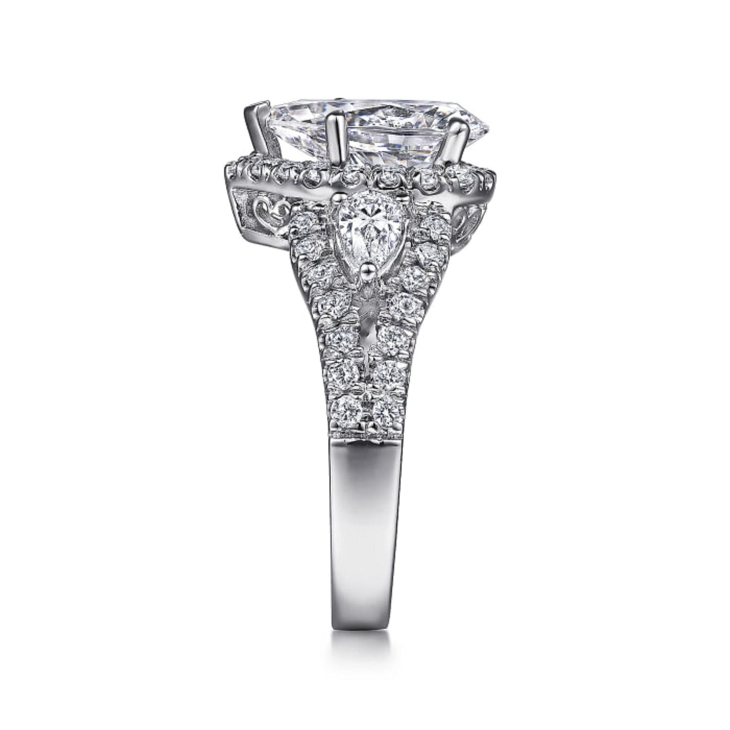 Gabriel & Co. Pear Cut Three Stone Halo Diamond Engagement Ring