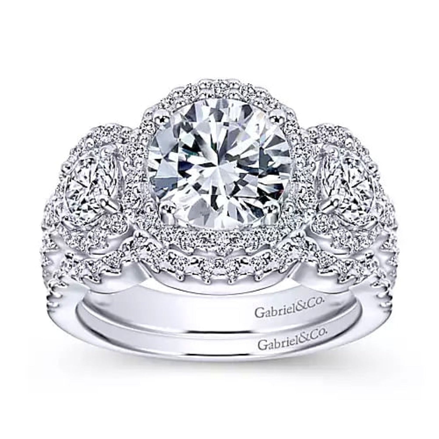 Gabriel & Co. Three Stone Halo Diamond Engagement Ring