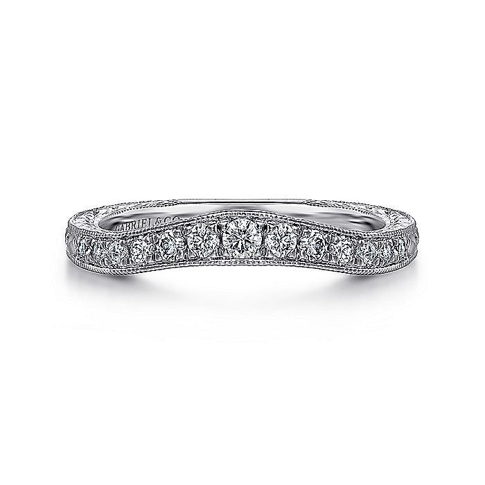 Gabriel & Co. AN10966W44JJ Vintage Inspired  Curved 14K White Gold Micro Pavé Diamond Wedding Band with Engraving